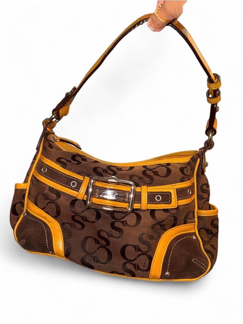 Y2K Brown and Tan Logo-Print Shoulder Bag with Buckle Accent